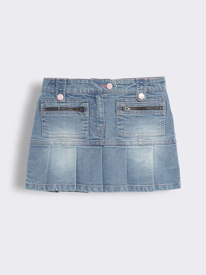 Girls Denim Pleated Skirt with Zip Detailing