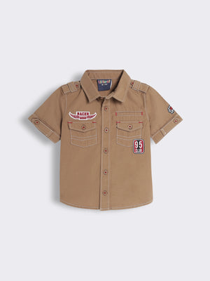 Toddler Boys Solid Shirt with Badge Details and Flap Pockets