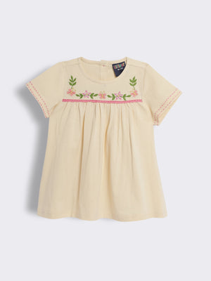 Toddler Girls Cheesecloth Top with Floral Embroidery and Blanket Stitch Sleeves