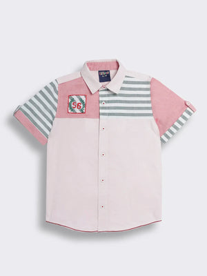 Boys Colour Block Shirt with Stripe Panels and Applique Embroidery