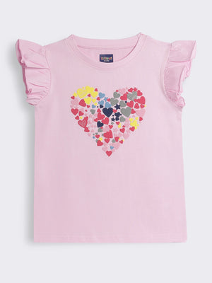 Girls Puff Print Heart Graphic Ruffle Sleeve Knit T-Shirt