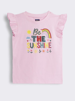 Girls Graphic Print with Applique Embroidery Ruffle Sleeve Knit T-Shirt