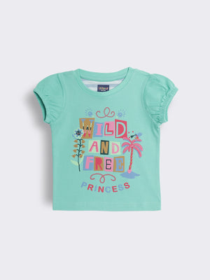 Toddler Girls Cotton Knit T-Shirt with Graphic Print and Puff Sleeve Detailing
