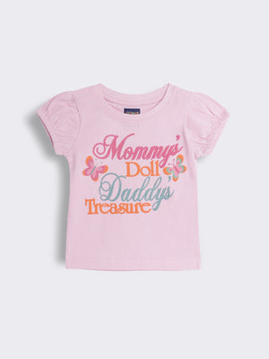 Toddler Girls Cotton Knit T-Shirt with Typography Print and Puff Sleeves