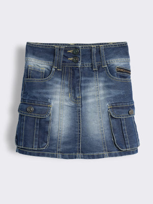 Girls Denim Cargo Skirt with Multi-Pockets and Contrast Stitch Detailing