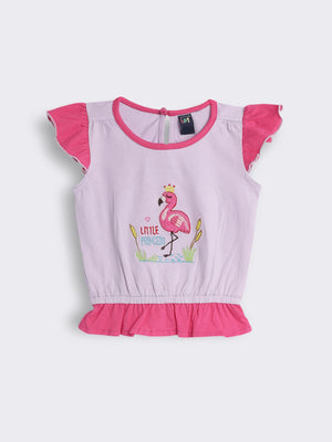 Toddler Girls Flamingo Embroidered Peplum Top with Contrast Frill Sleeves