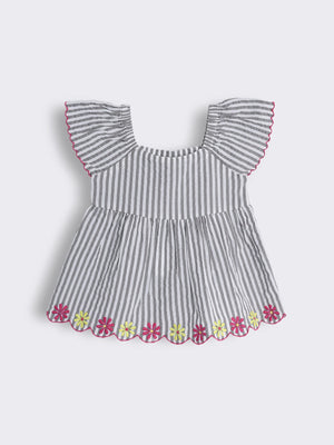 Toddler Girls Striped Cotton Top with Contrast Embroidery