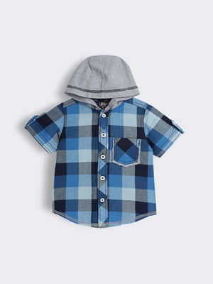 Toddler Boys Half Sleeve Cotton Checked Shirt with Hood