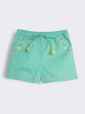 Girls Solid Cotton Shorts with Floral Embroidery and Tassel Tie-Up