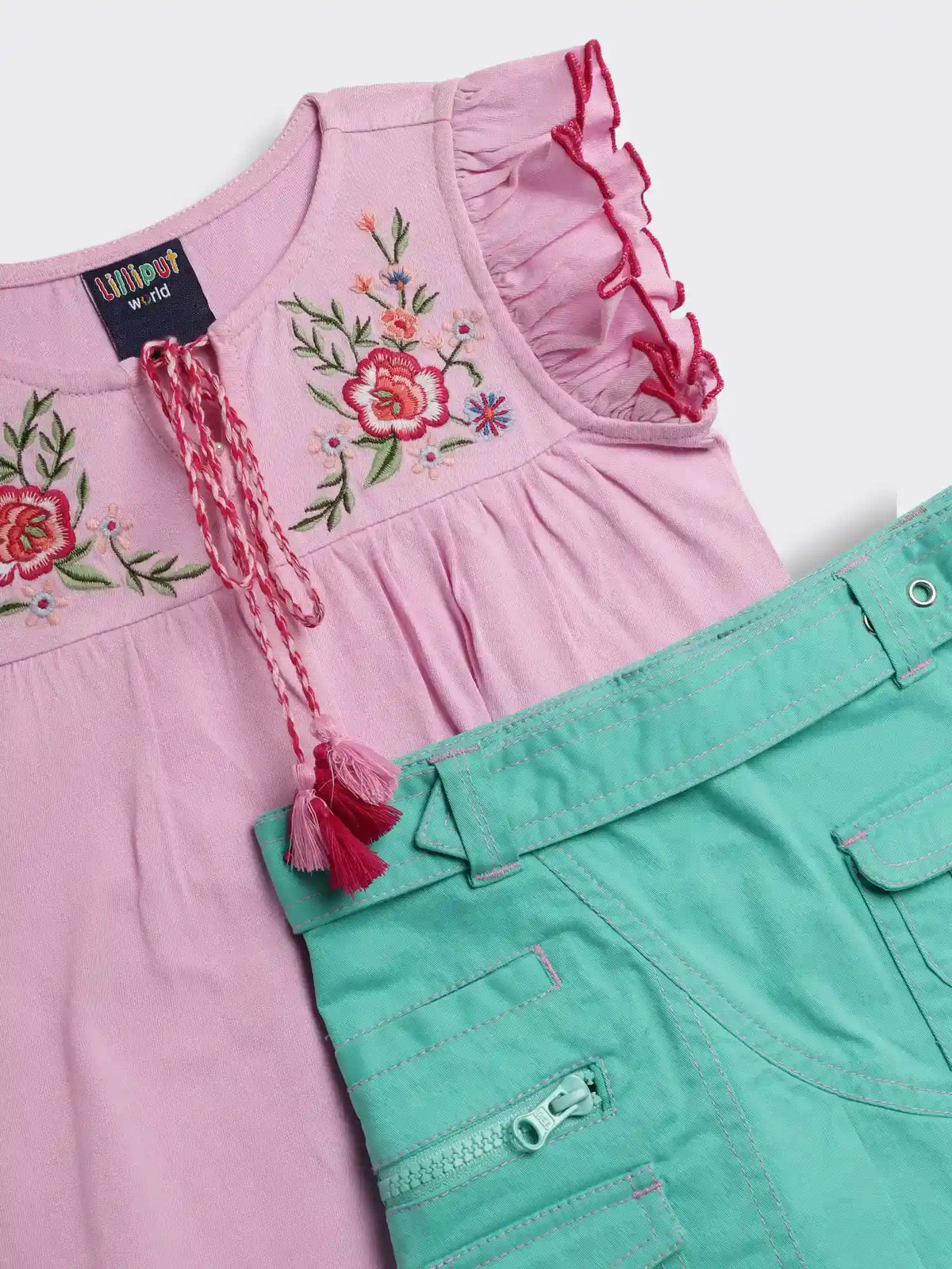 Girls Cotton Knit T-Shirt with Contrast Embroidery and Pleated Skirt 2-Piece Outfit Set