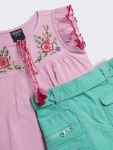 Girls Cotton Knit T-Shirt with Contrast Embroidery and Pleated Skirt 2-Piece Outfit Set