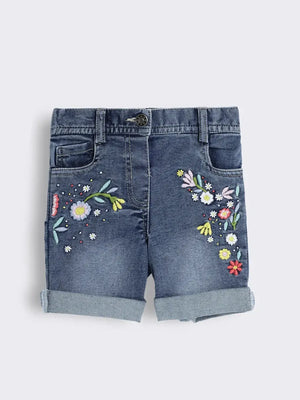 Toddler Girls Embroidered Denim Shorts With Contrast Stitching