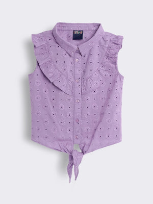 Toddler Girls Cotton Schiffli Sleeveless Ruffle Knot Top with Shirt Collar