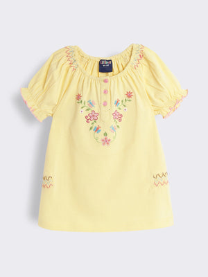 Girls Cotton Knit Top with Floral Embroidery and Smocking Detail