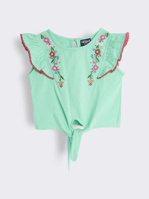 Girls Embroidered Cotton Knit Sleeveless T-Shirt with Tie-Up Knot