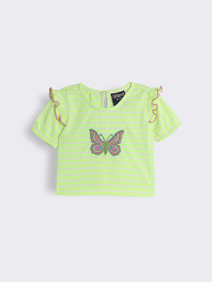 Toddler Girls Striped Cotton Knit T-Shirt with Butterfly Embroidery
