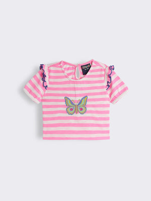 Toddler Girls Striped Cotton Knit T-Shirt with Butterfly Embroidery