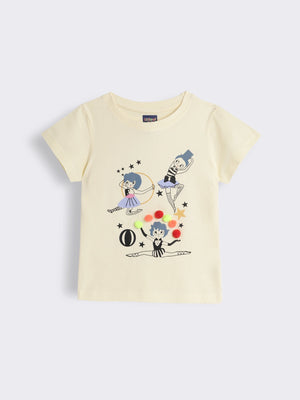 Girls Graphic Cotton T-Shirt with Pom-Pom Embellishment