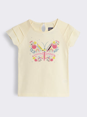 Girls Graphic Printed Cotton T-Shirt with Butterfly Motif