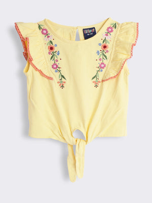 Girls Embroidered Cotton Knit Sleeveless T-Shirt with Tie-Up Knot