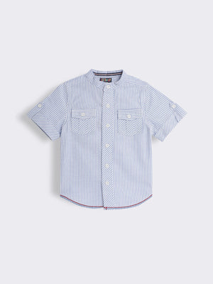 Toddler Boys Short Sleeve Striped Band Collar Shirt with Chest Pockets