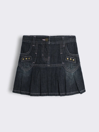 Girls Pleated Denim Skirt with Pocket Detailing