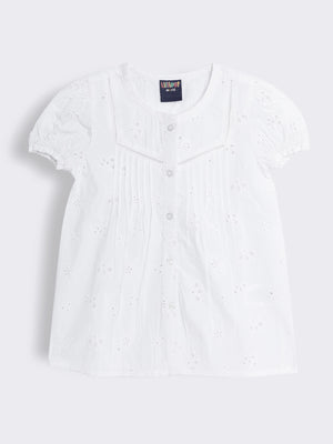 Girls White Cotton Schiffli Top with Pintuck Detailing and Lace Finish