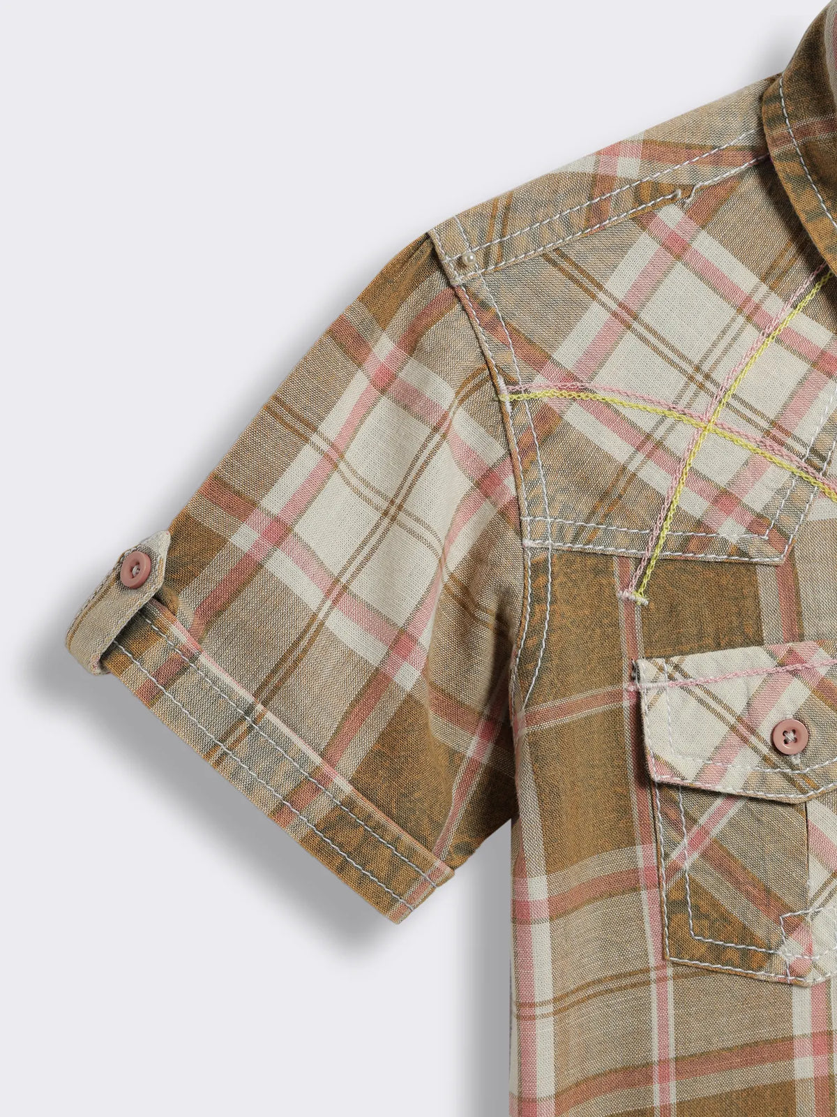 Boys Oxidised Checked Cotton Shirt with Chain Stitch Detailing and Whiskered Denim Cargo Bermuda 2-Piece Outfit Set