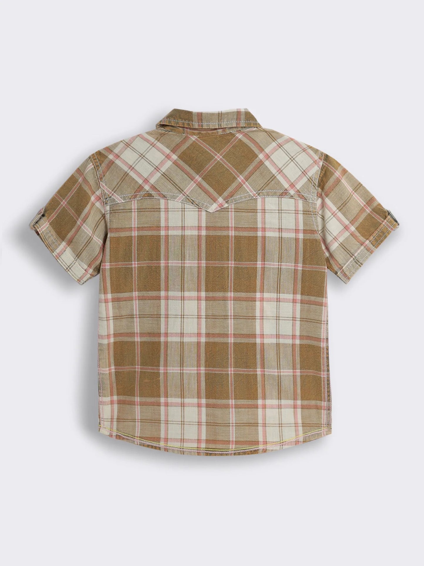 Boys Oxidised Checked Cotton Shirt with Chain Stitch Detailing and Whiskered Denim Cargo Bermuda 2-Piece Outfit Set
