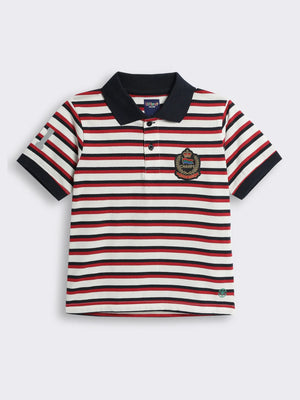 Boys Half-Sleeve Cotton Knit Polo T-Shirt with Stripes