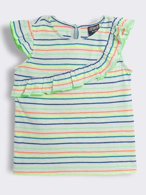 Girls Striped Cotton Knit T-Shirt with Frill Detailing