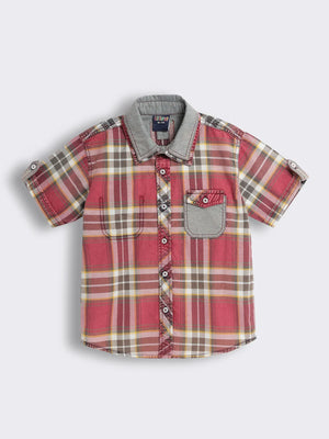 Boys Cotton Half-Sleeve Checked Shirt with Contrast Collar Detailing and Oxidized Soft Wash Finish