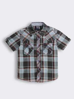 Boys Cotton Half-Sleeve Checked Shirt with Oxidized Soft Wash Finish