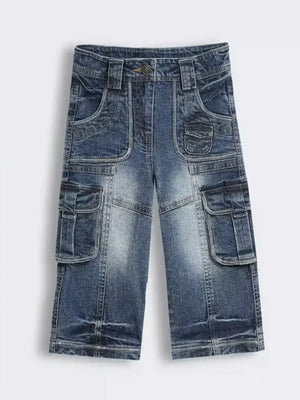 Girls Denim Cargo Capri with Contrast Stitch Pocket Detailing