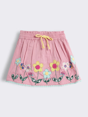 Toddler Girls Cotton Skirt with Attached Shorts and Applique Embroidery
