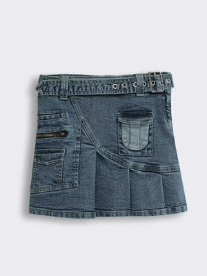 Girls Pleated Denim Skirt with Pocket Detailing