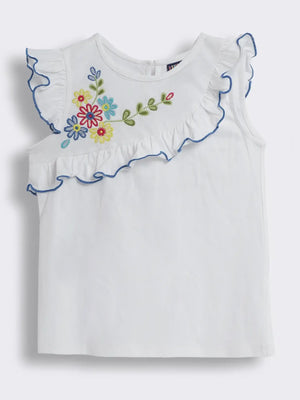 Girls Cotton Knit T-shirt with Floral Embroidery and Frills