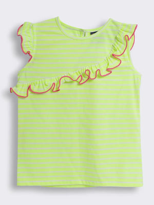 Girls Striped Cotton Knit T-Shirt with Frill Detailing