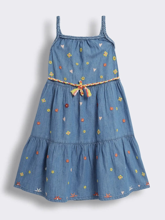 Girls Below-Knee Denim Dress with Embroidery
