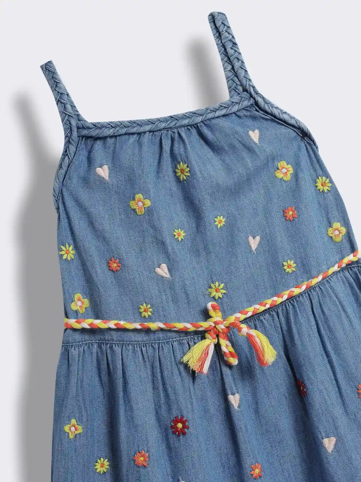 Girls Below-Knee Denim Dress with Embroidery