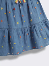Girls Below-Knee Denim Dress with Embroidery