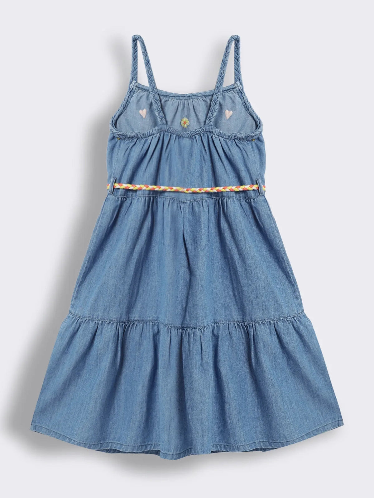 Girls Below-Knee Denim Dress with Embroidery