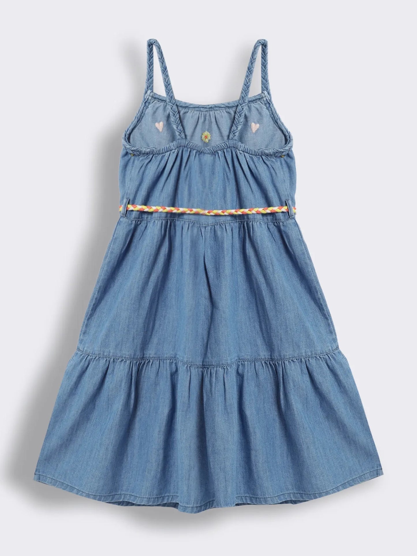 Girls Below-Knee Denim Dress with Embroidery