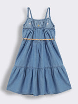 Girls Below-Knee Denim Dress with Embroidery