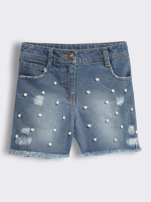 Girls Ripped Denim Hand Beaded Shorts