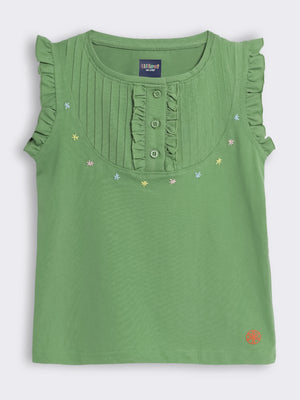 Girls Solid Top with Pintucks and Embroidery