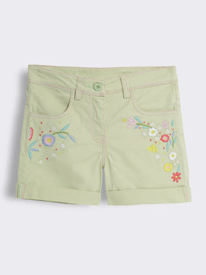 Girls Embroidered Cotton Shorts With Contrast Stitching
