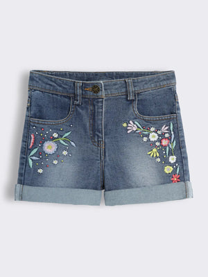 Girls Embroidered Denim Shorts With Contrast Stitching