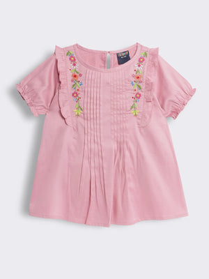 Girls Embroidered Puff Sleeve Top with Ruffles