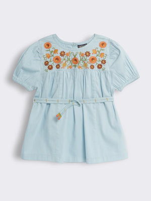 Girls Cotton Embroidered Puff-Sleeve Top